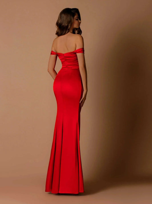 Red sheath floor-length formal dress with skirt slit, alternate view