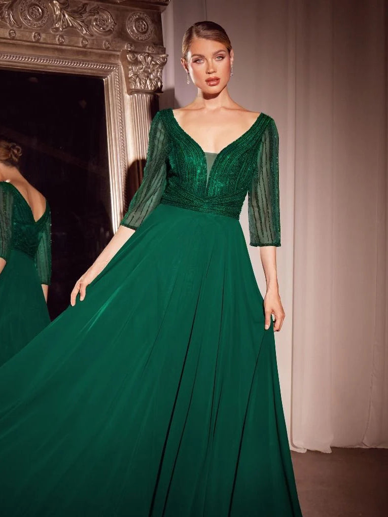 Dark Green maxi prom dress, alternate view showing the bodice and skirt