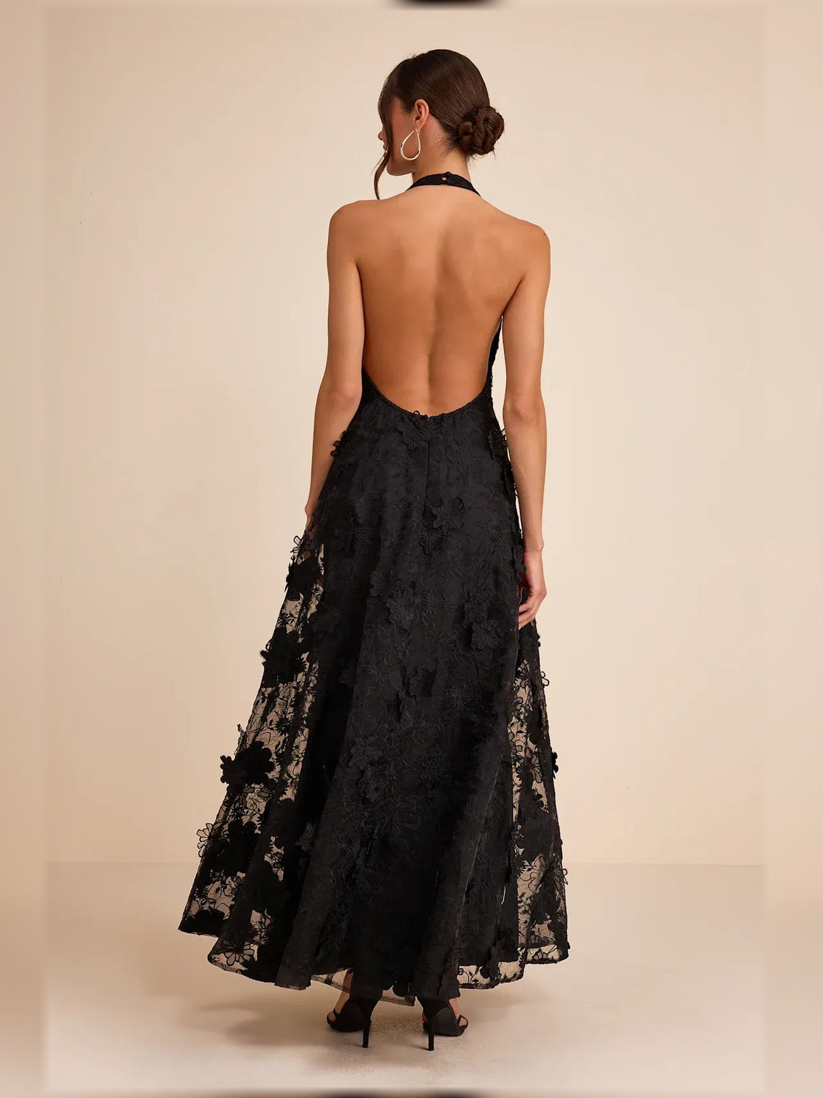 Black a-line maxi formal dress with floral appliqué, alternate view