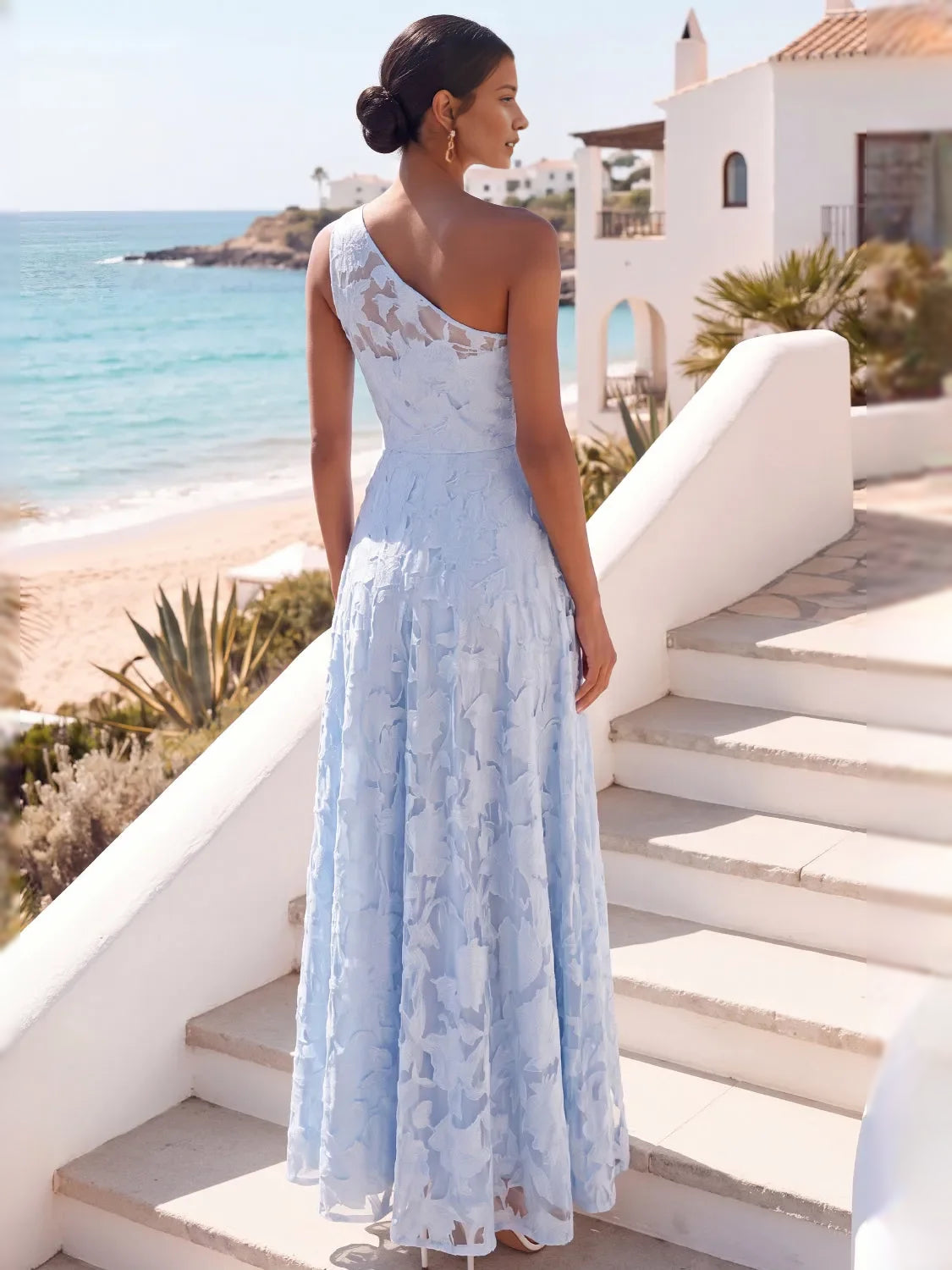 Light Blue maxi bridesmaid dress, alternate view showing the bodice and skirt
