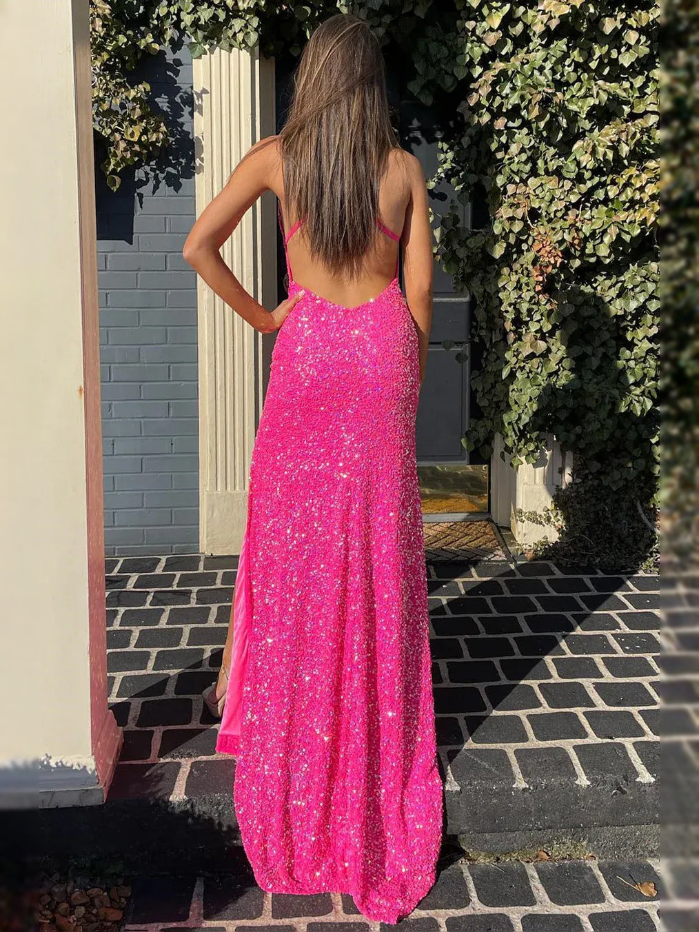 Hot Pink maxi prom dress, back view showing the rear of the dress