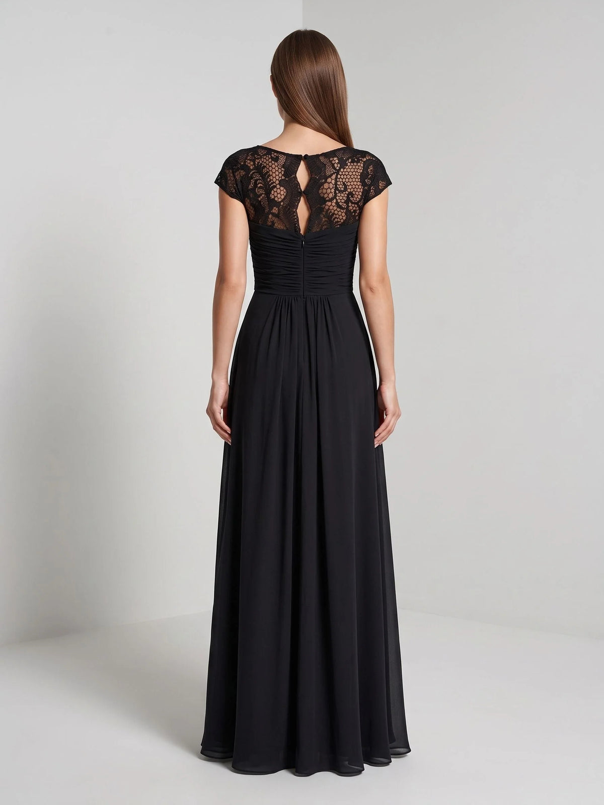 Black floor-length mother of the bride dress, alternate view showing the bodice and skirt