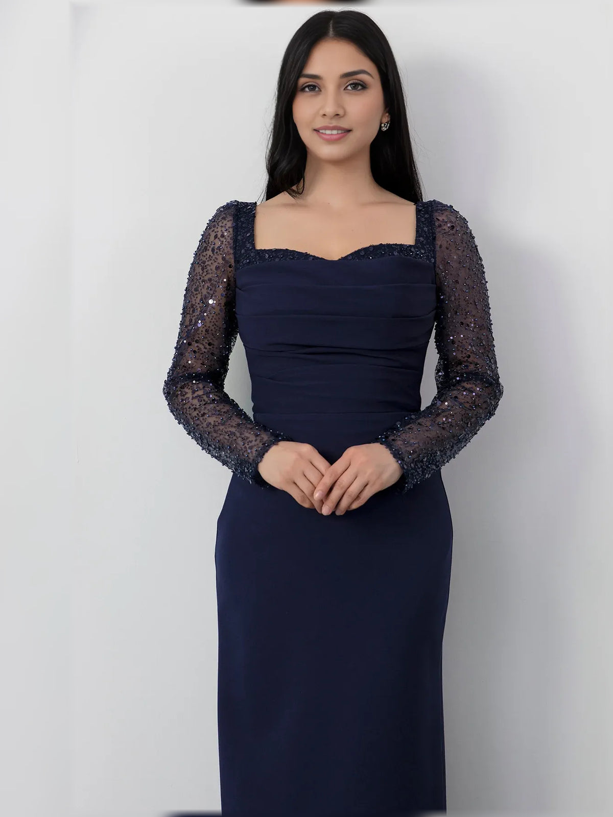 Navy Blue sheath floor-length formal dress with skirt slit, alternate view