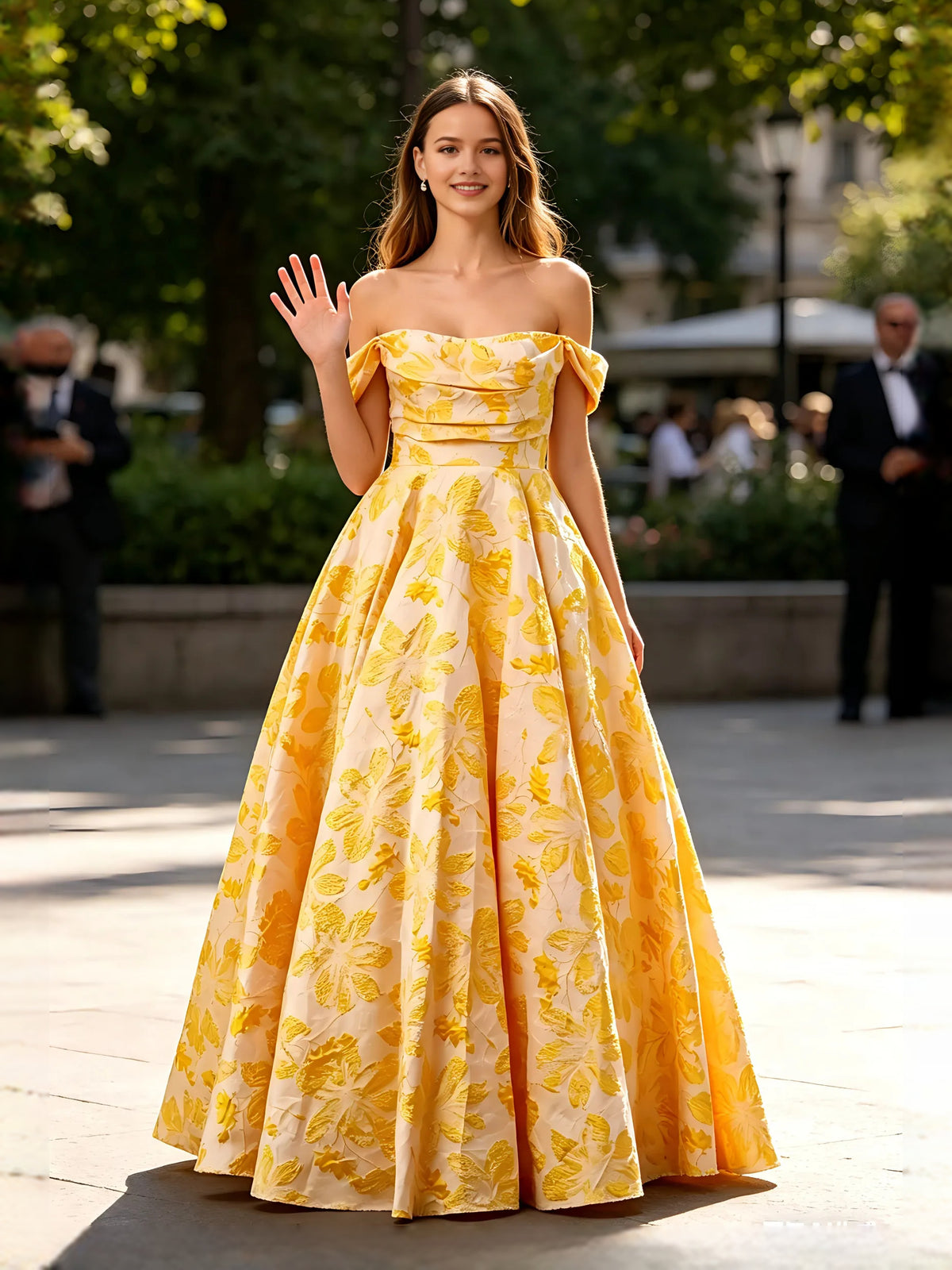 Yellow maxi prom dress, alternate view showing the bodice and skirt