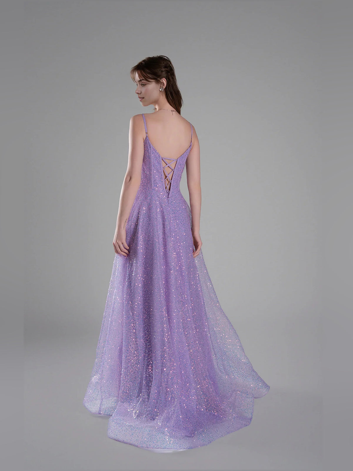 Lilac floor-length prom dress, back view showing the rear of the dress