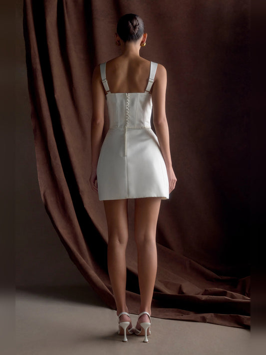 White mini homecoming dress, alternate view showing the bodice and skirt