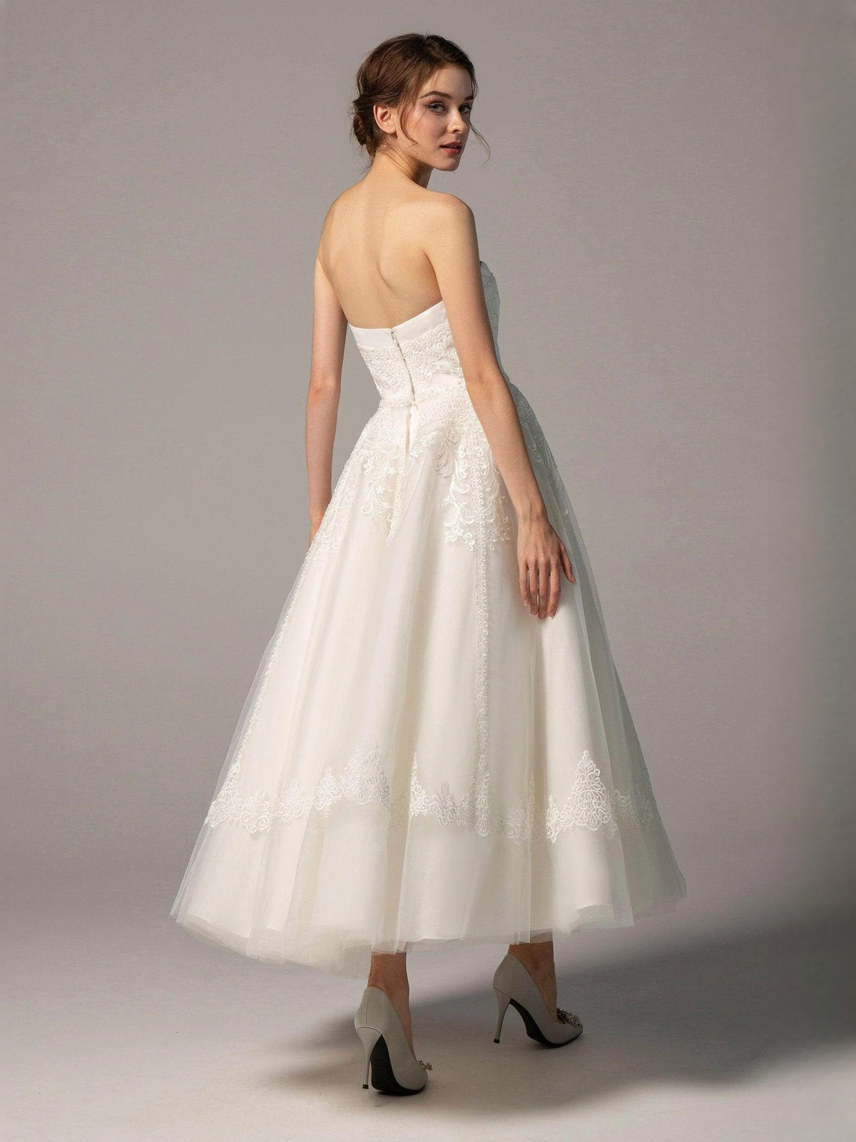 Ivory short wedding dress, alternate view showing the bodice and skirt
