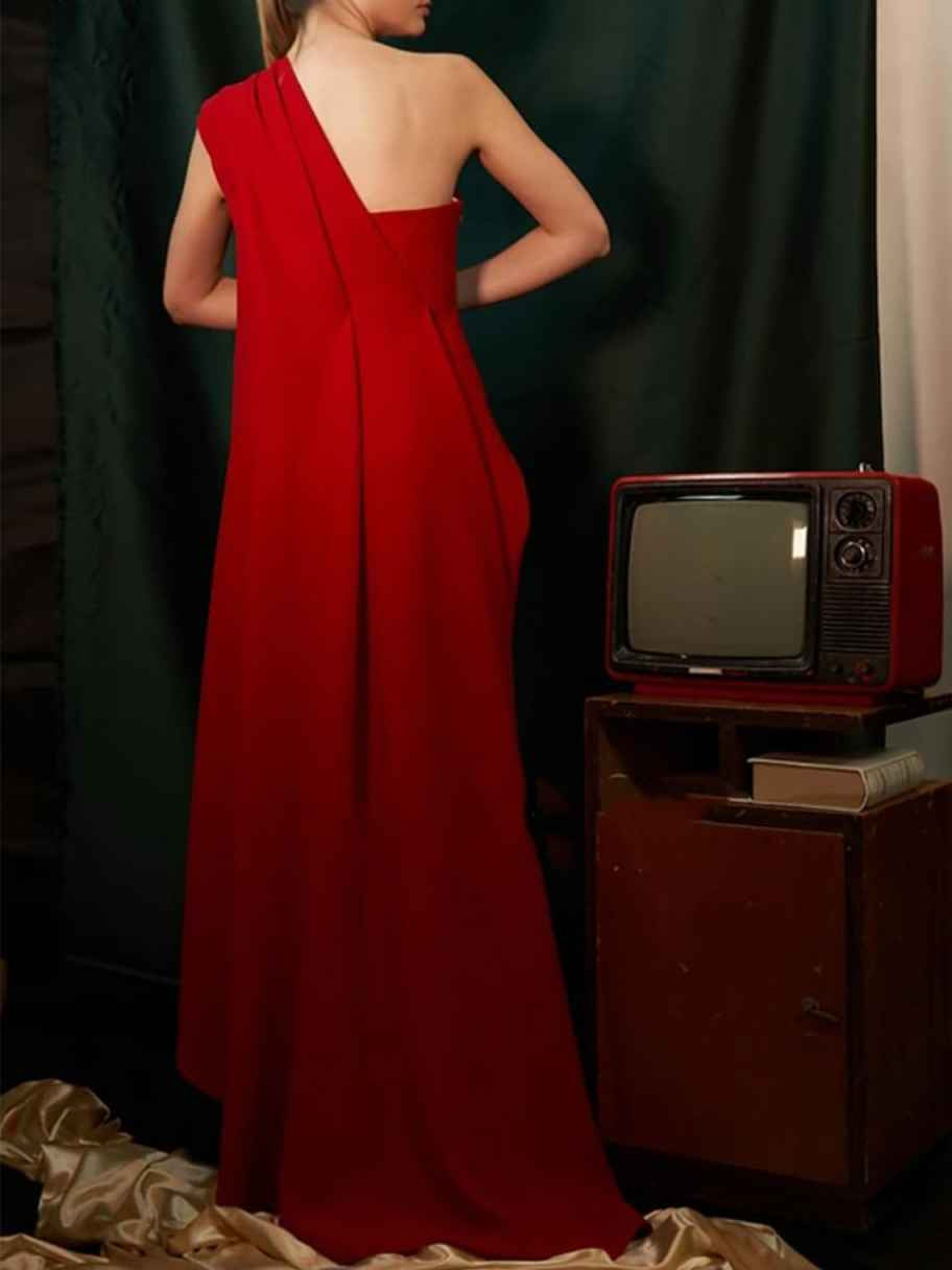 Crimson Red bodycon floor-length formal dress with draping, alternate view