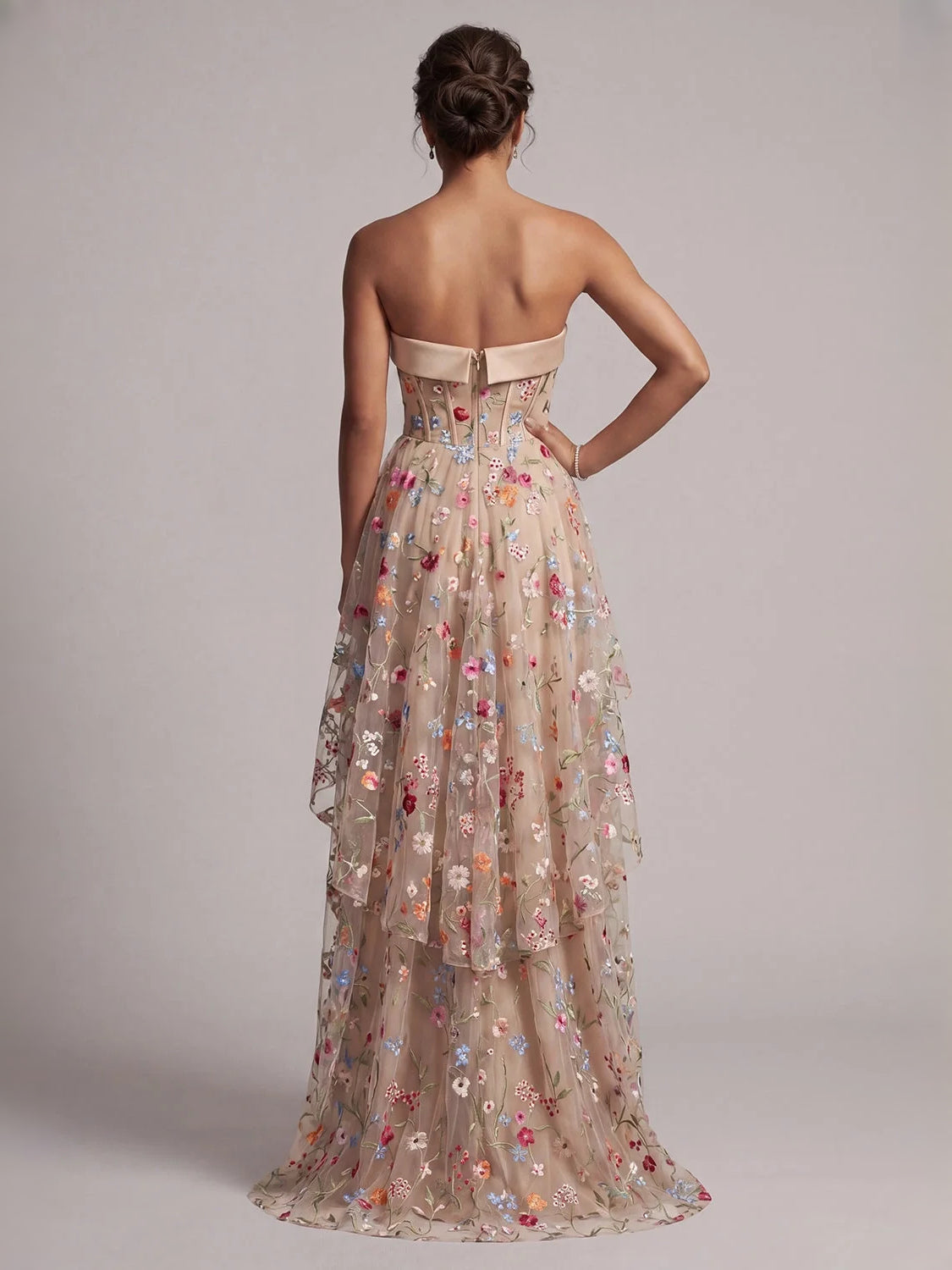 Rose Gold high-low prom dress, alternate view showing the bodice and skirt