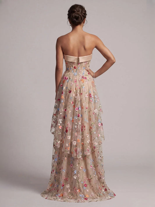 Rose Gold high-low prom dress, alternate view showing the bodice and skirt