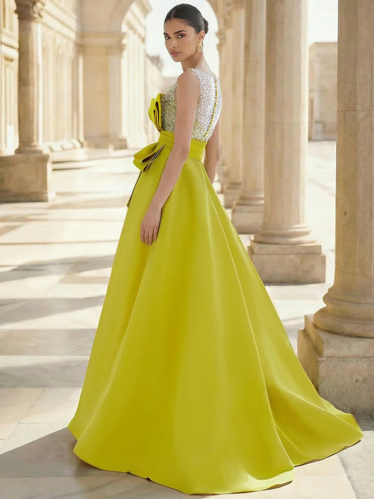 Yellow a-line floor-length formal dress with bow detail, alternate view