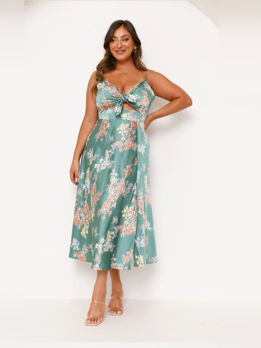 Green Floral midi formal dress with floral print, alternate view