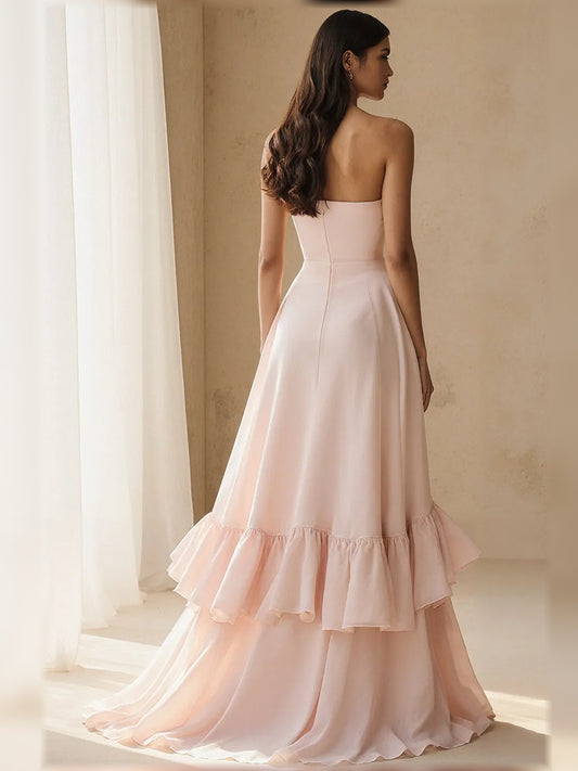 Light Pink a-line floor-length formal dress with ruffle details, alternate view