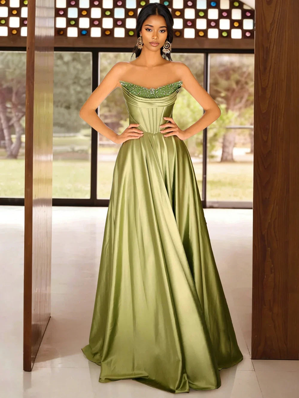 Dusty Sage maxi prom dress, alternate view showing the bodice and skirt