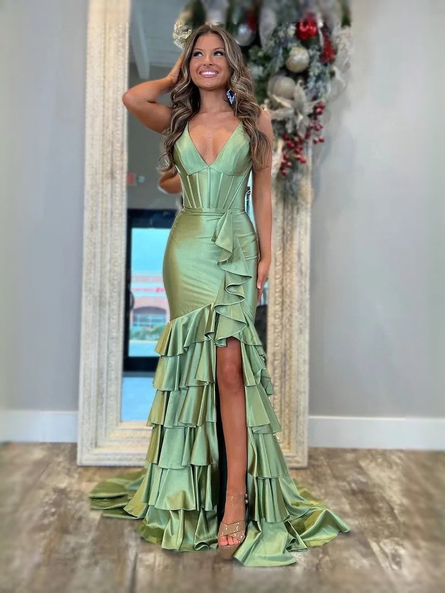 Olive Green maxi prom dress, alternate view showing the bodice and skirt