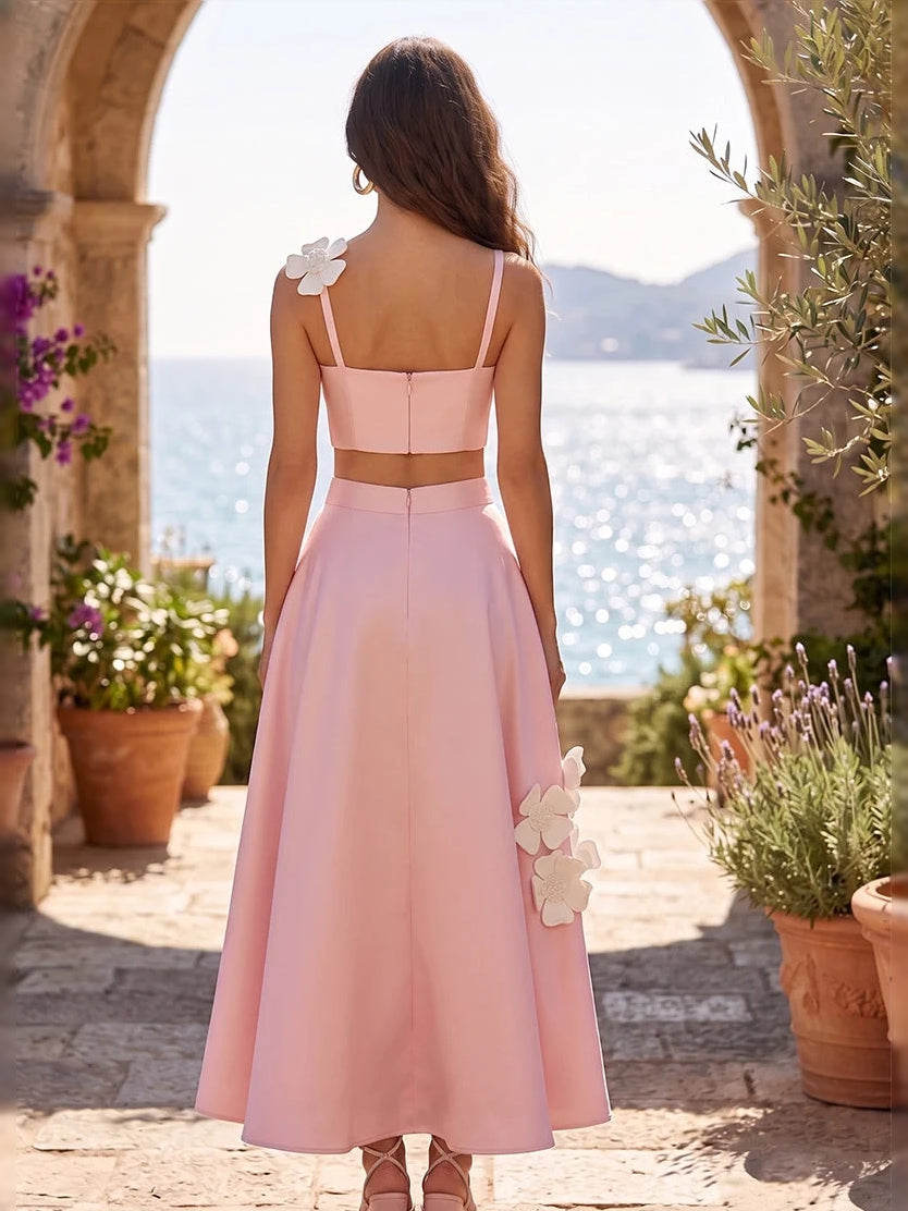 Pink midi bridesmaid dress, alternate view showing the bodice and skirt