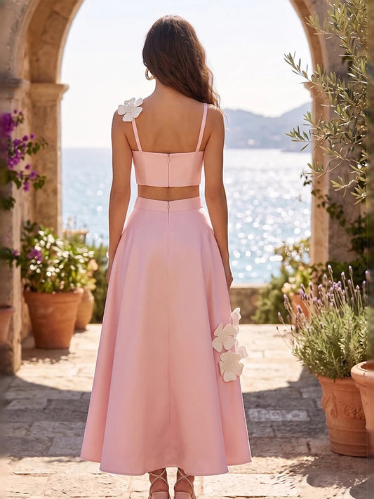 Pink midi bridesmaid dress, alternate view showing the bodice and skirt