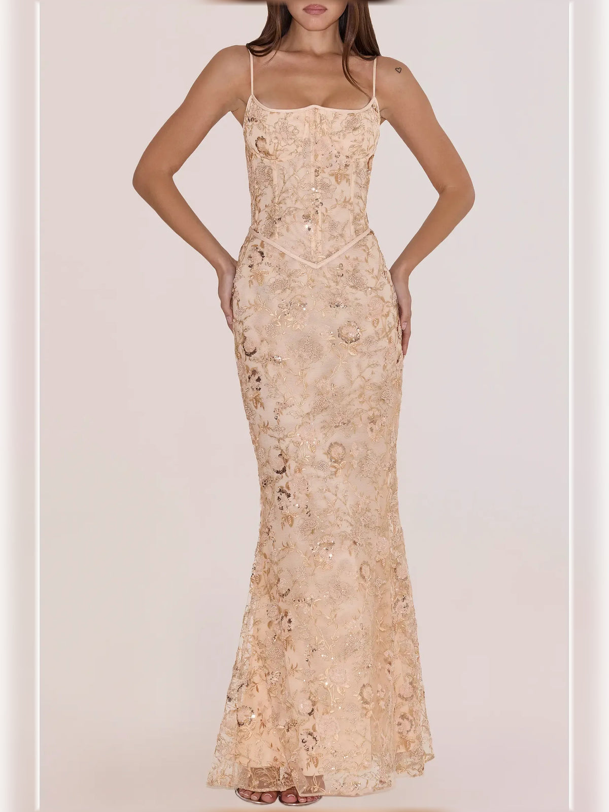 Peach mermaid floor-length formal dress with embroidery, alternate view