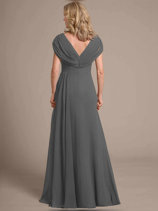 Grey floor-length mother of the bride dress, alternate view showing the bodice and skirt
