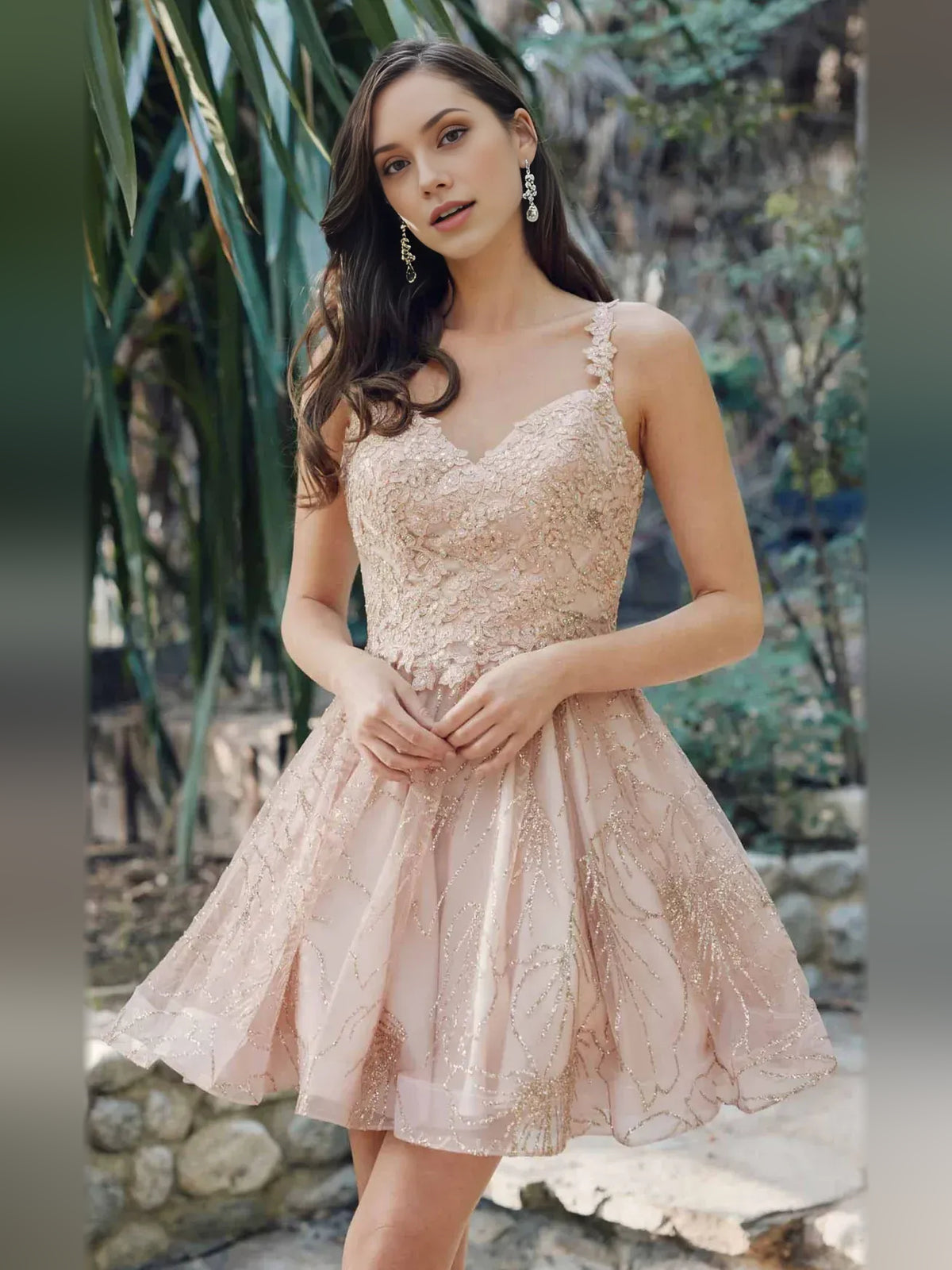 Champagne mini homecoming dress, back view showing the rear of the dress