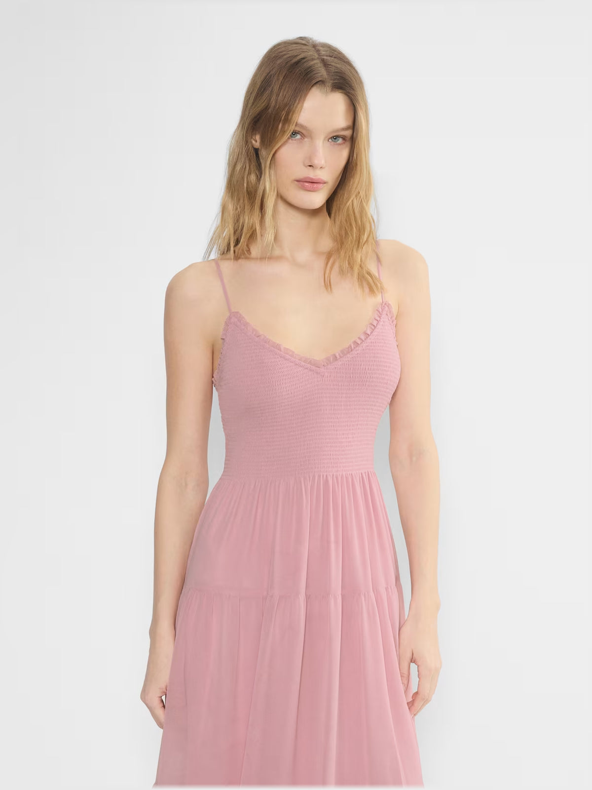 pink midi formal dress with tiered skirt, alternate view