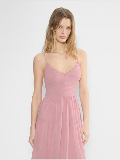 pink midi formal dress with tiered skirt, alternate view