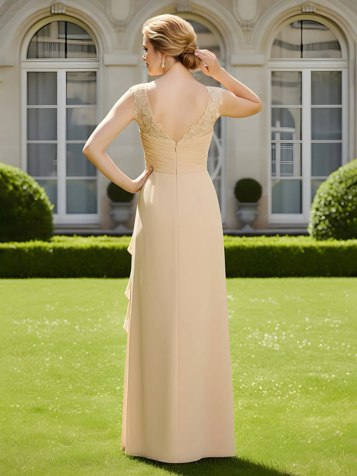 Champagne floor-length mother of the bride dress, alternate view showing the bodice and skirt
