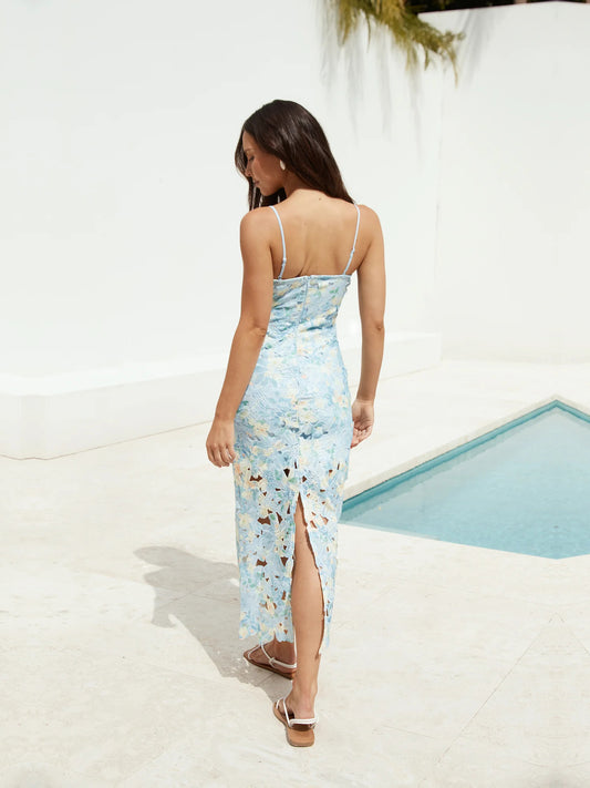 Blue sheath maxi formal dress with floral print, full-length back view