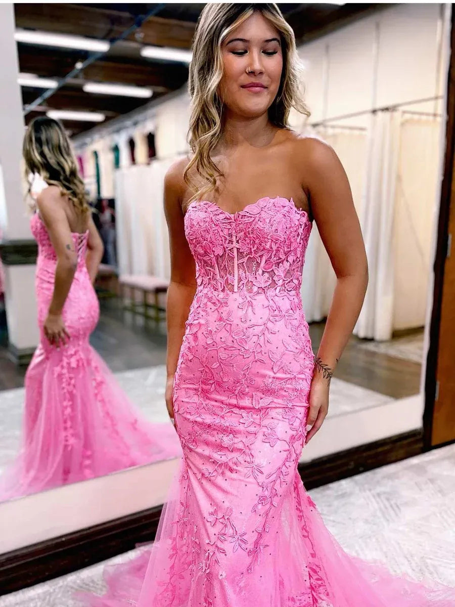 Hot Pink maxi prom dress, alternate view showing the bodice and skirt