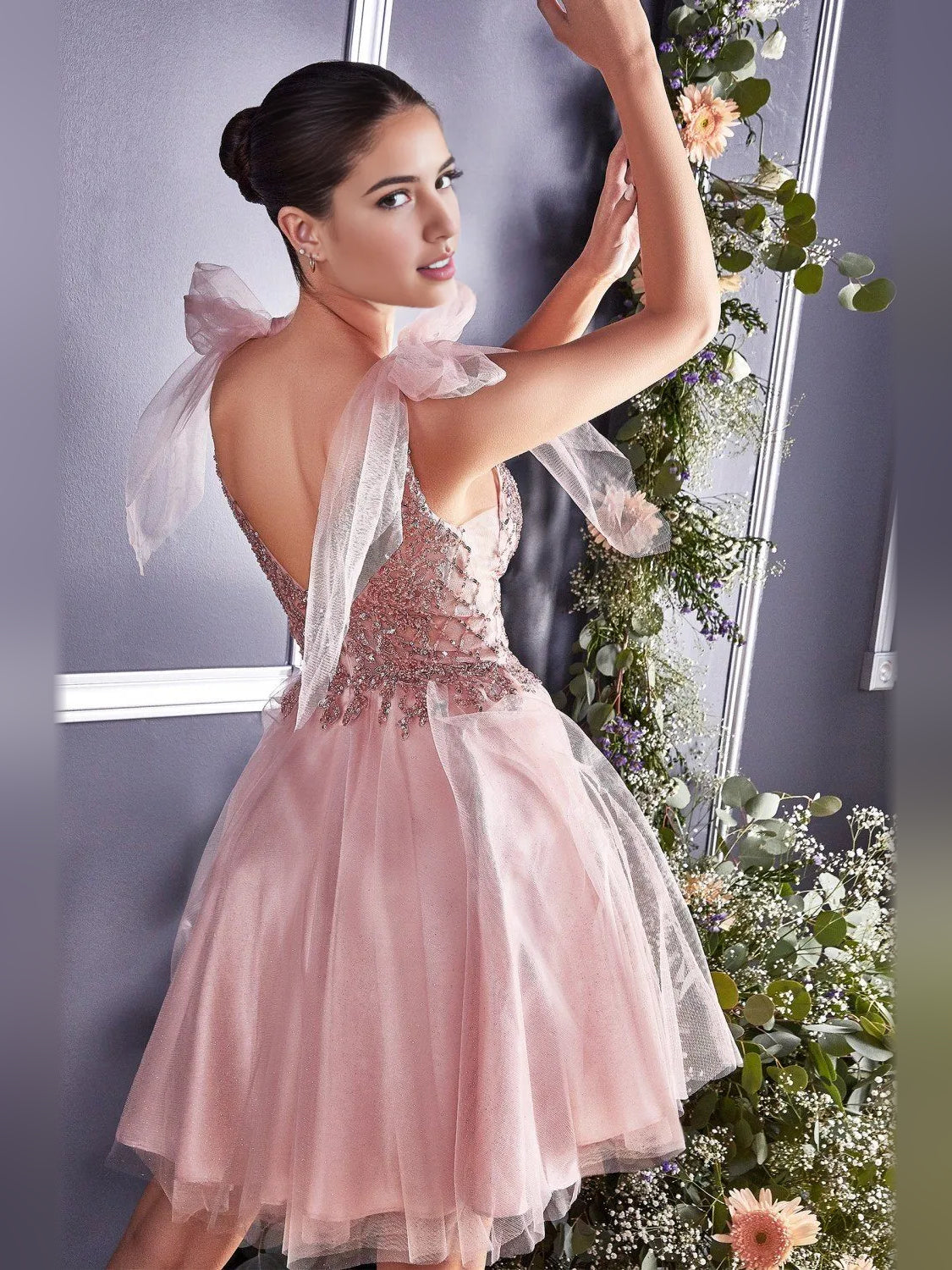 Light Pink short homecoming dress, back view showing the rear of the dress