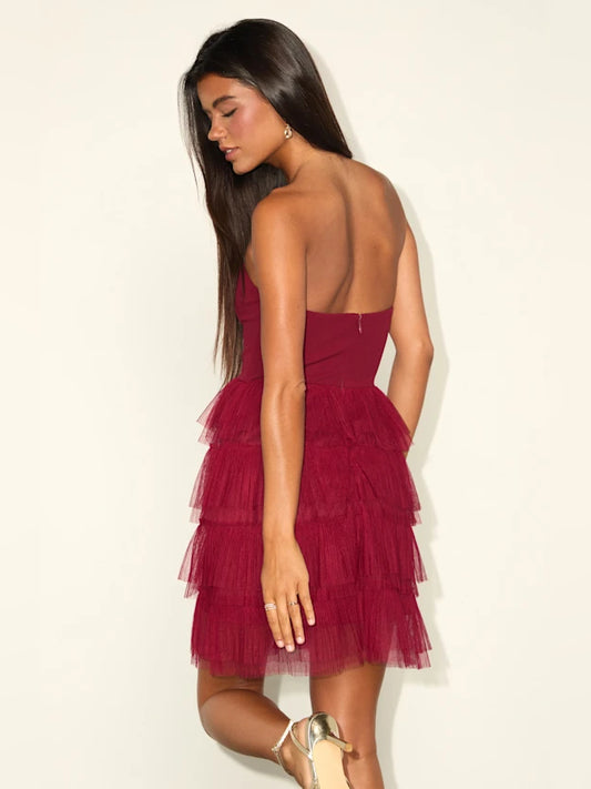 Wine Red mini homecoming dress, alternate view showing the bodice and skirt