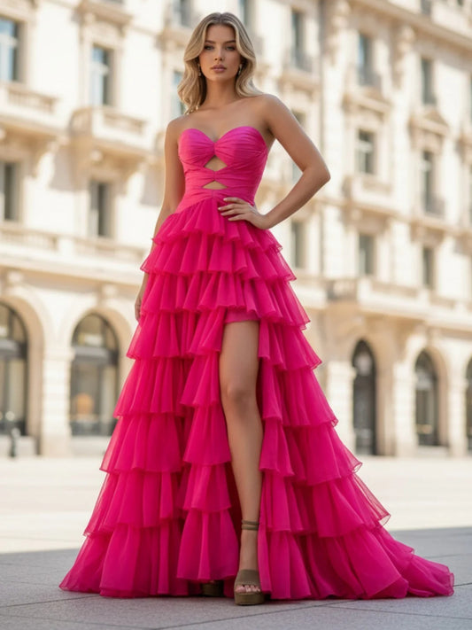 Magenta floor-length prom dress, alternate view showing the bodice and skirt