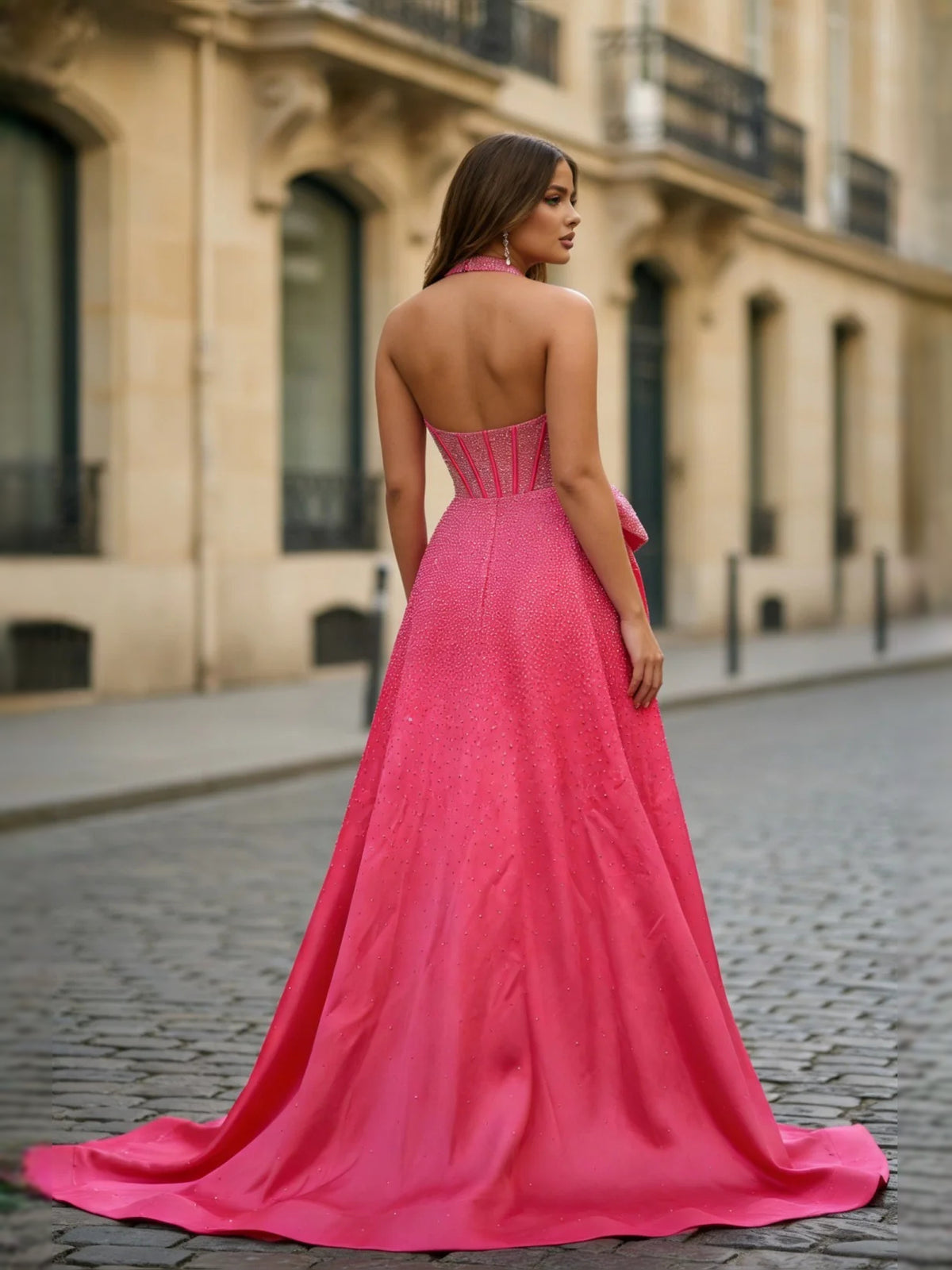 Hot Pink floor-length prom dress, back view showing the rear of the dress