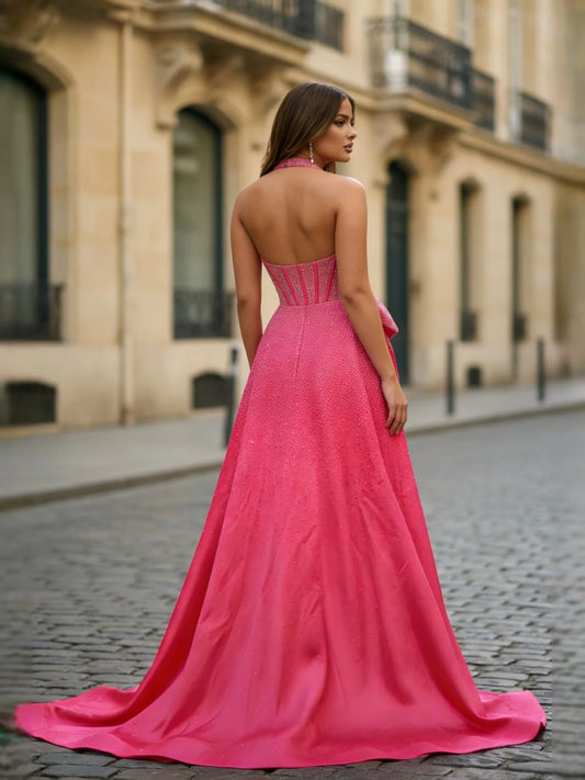 Hot Pink floor-length prom dress, back view showing the rear of the dress