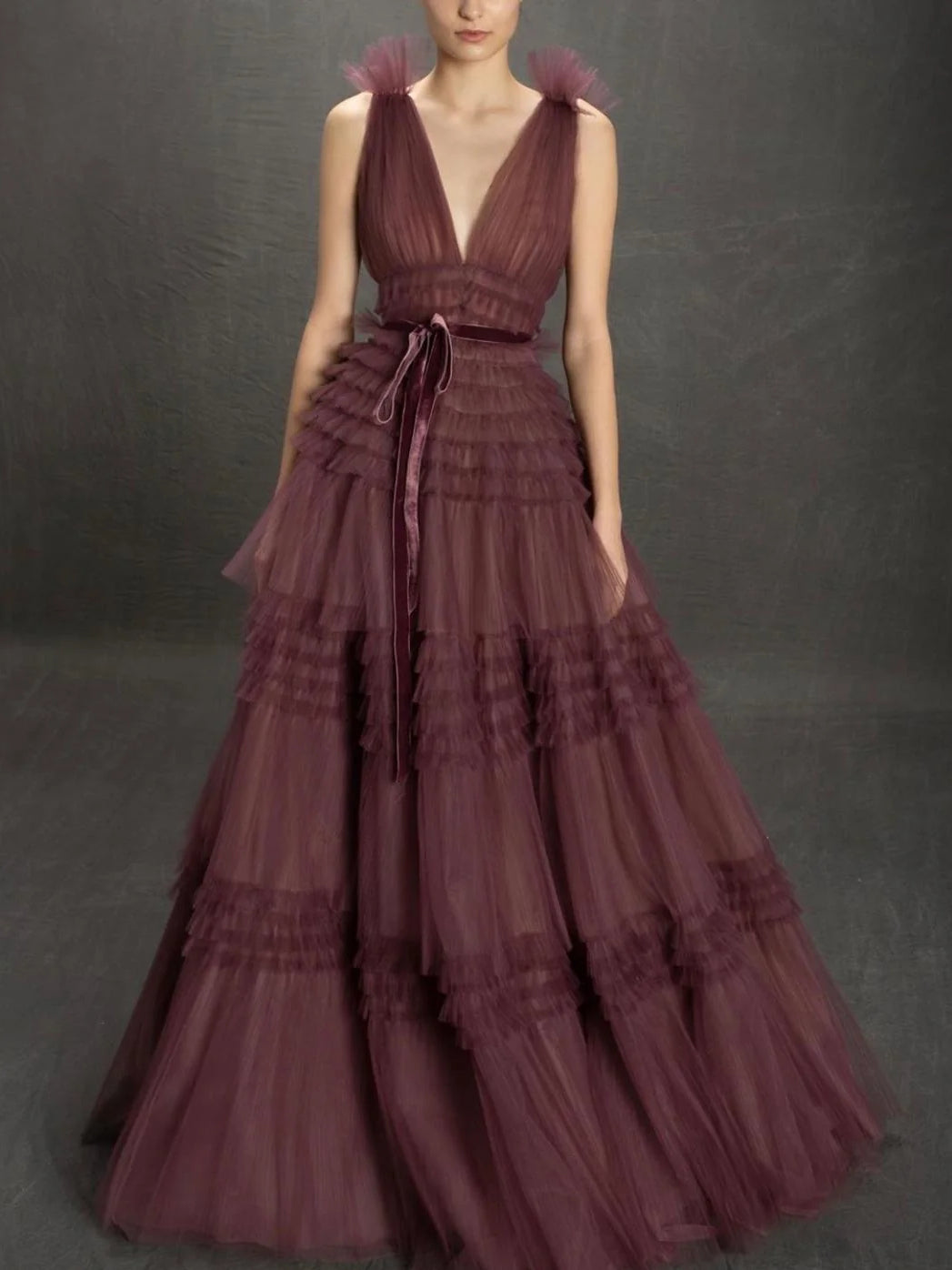 Plum maxi prom dress, alternate view showing the bodice and skirt
