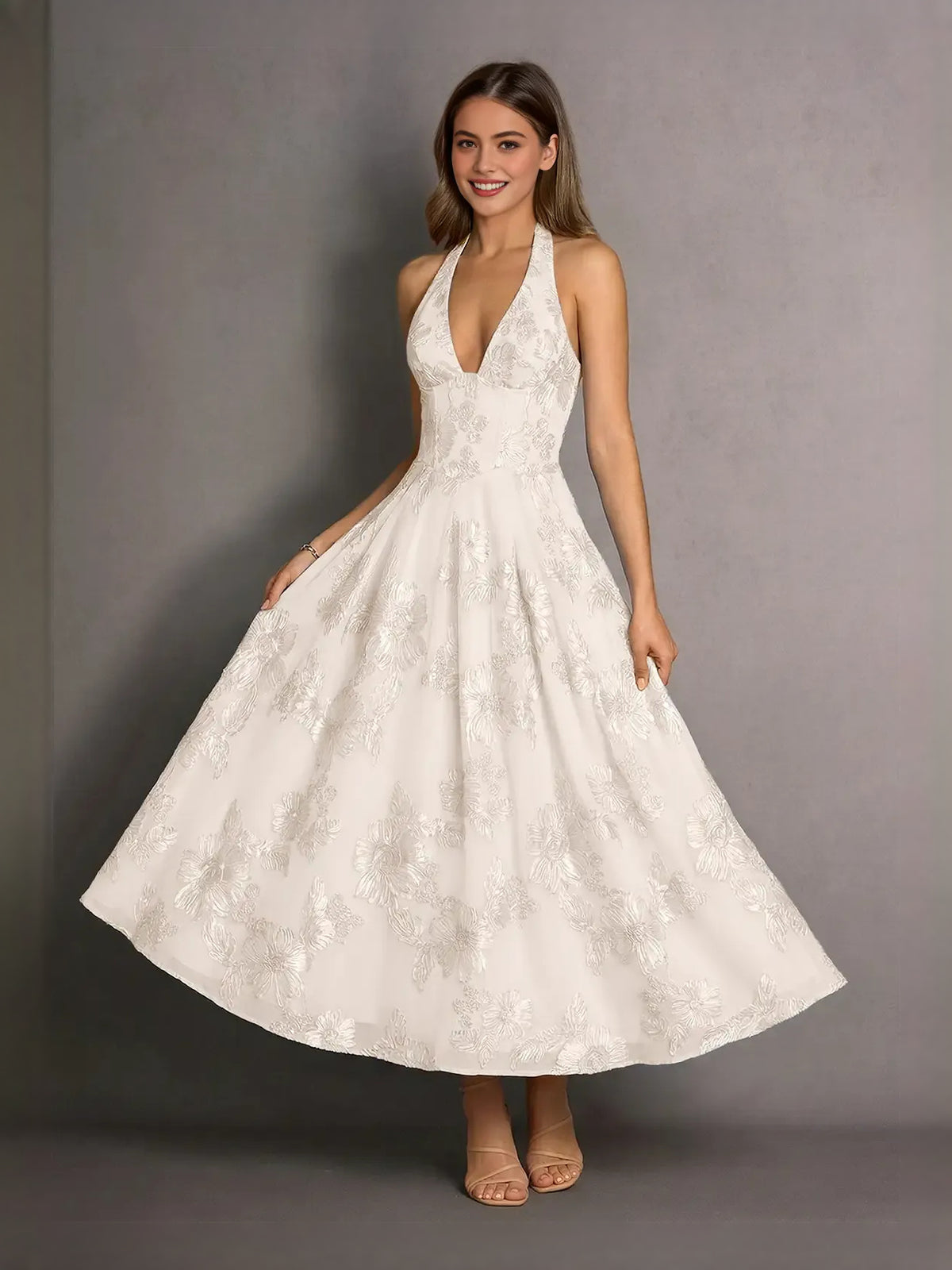 Ivory midi prom dress, alternate view showing the bodice and skirt