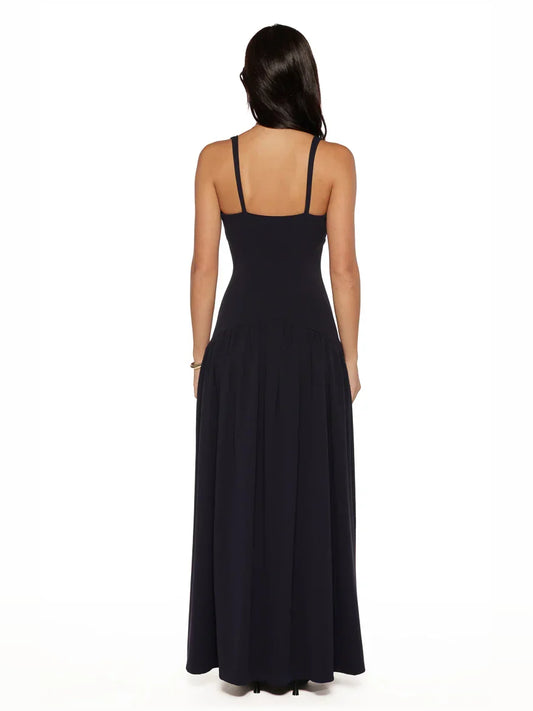 Black a-line floor-length formal dress with tiered skirt, alternate view