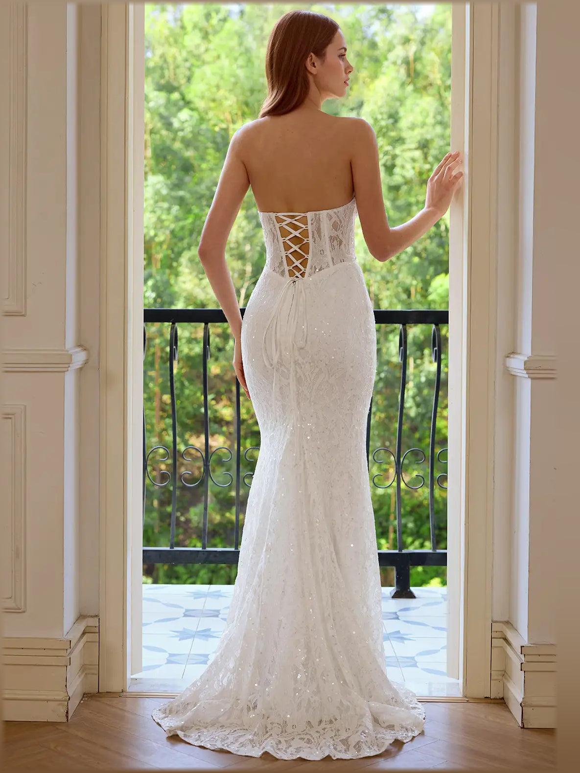 White mermaid floor-length formal dress with sequins, alternate view