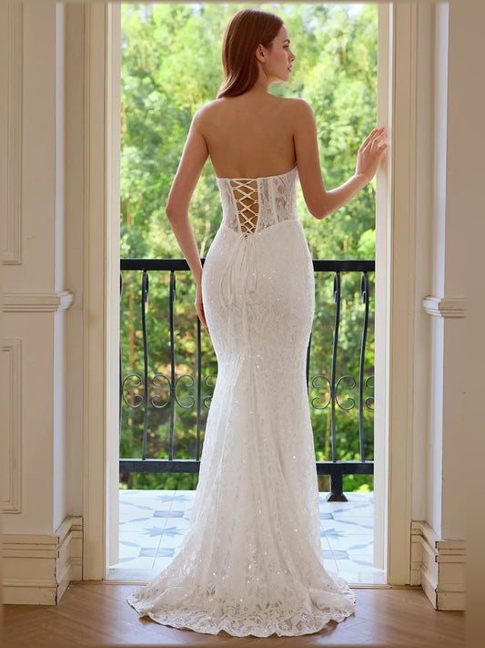 White mermaid floor-length formal dress with sequins, alternate view