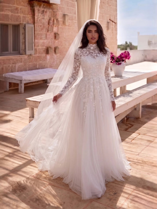 Ivory floor-length wedding dress, alternate view showing the bodice and skirt