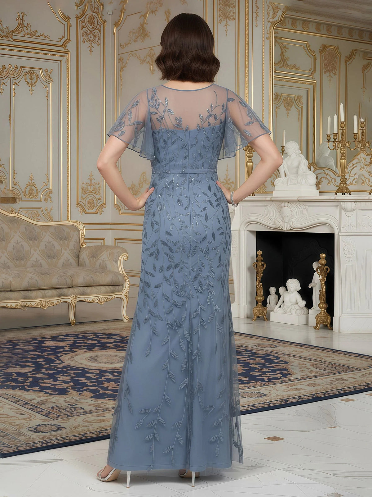 Dusty Blue floor-length mother of the bride dress, alternate view showing the bodice and skirt