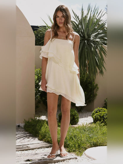 Cream mini homecoming dress, alternate view showing the bodice and skirt