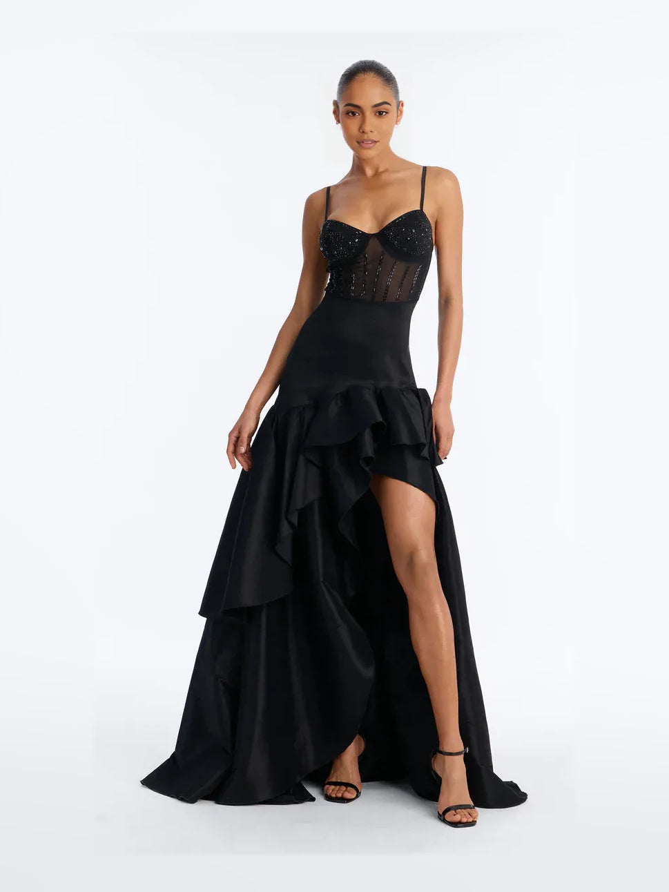 Black high-low prom dress, alternate view showing the bodice and skirt