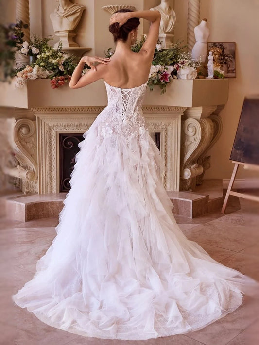 Ivory floor-length wedding dress, alternate view showing the bodice and skirt