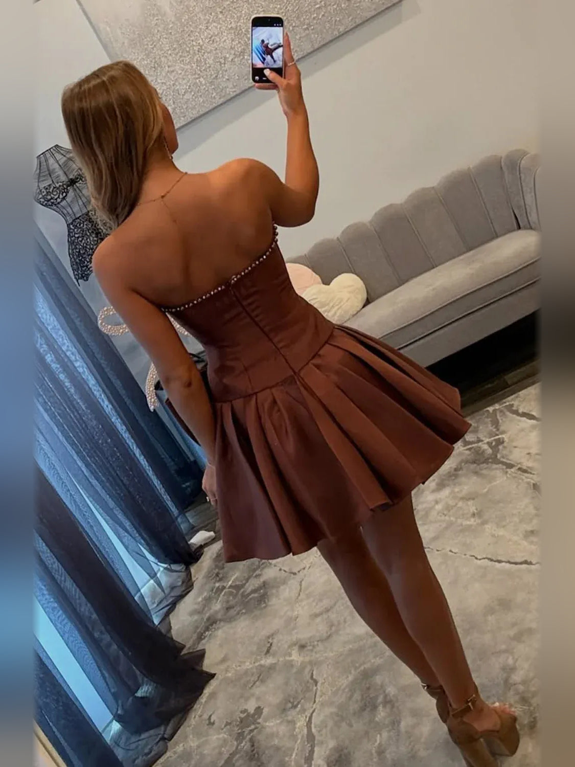 Brown mini homecoming dress, back view showing the rear of the dress