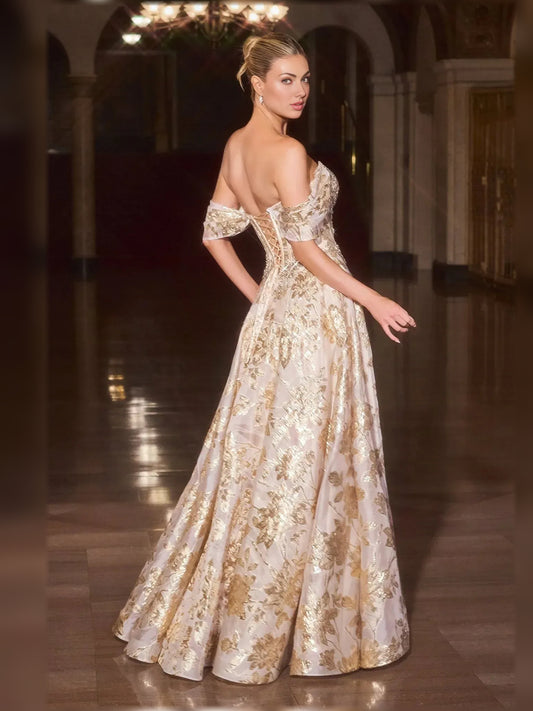 Gold floor-length mother of the bride dress, alternate view showing the bodice and skirt