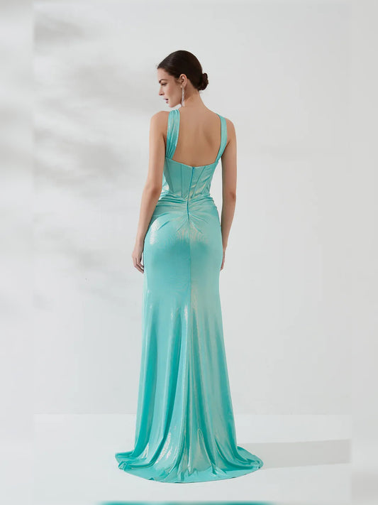 Ice Blue mermaid floor-length formal dress with draping, alternate view
