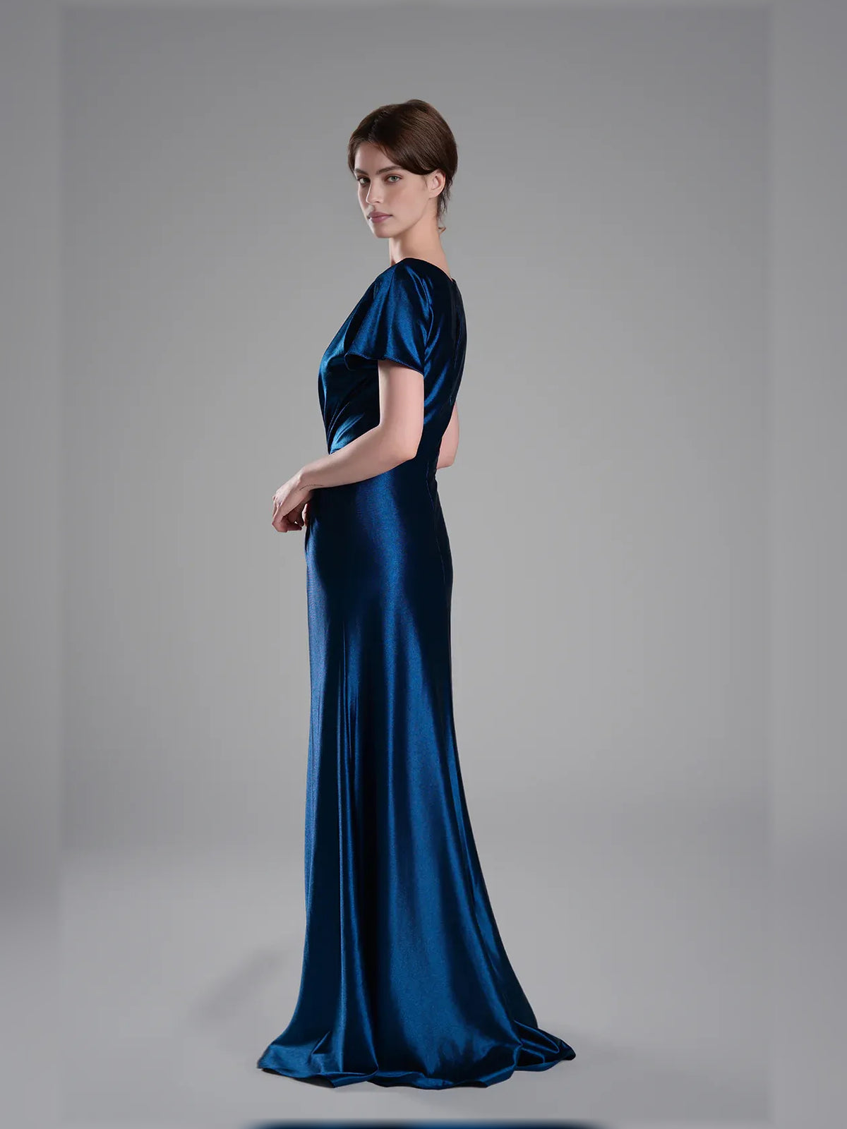 Navy Blue a-line maxi formal dress with V-neckline, alternate view