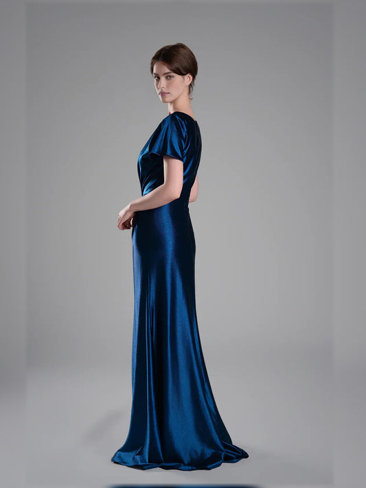 Navy Blue a-line maxi formal dress with V-neckline, alternate view