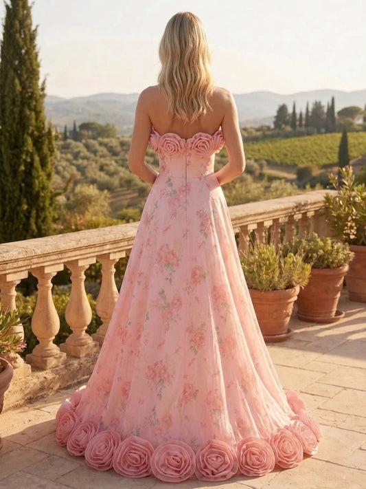 Pink floor-length wedding dress, alternate view showing the bodice and skirt